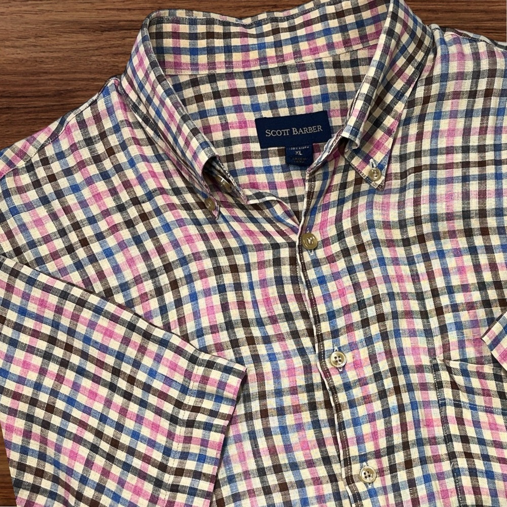 Scott Barber Men’s Tan Check Pattern Short Sleeve Button Down. 100% Linen. XL.